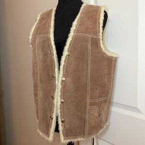 VTG Genuine Leather Sherpa Lined Women's Button Vest Brown Western Y2K SZ S